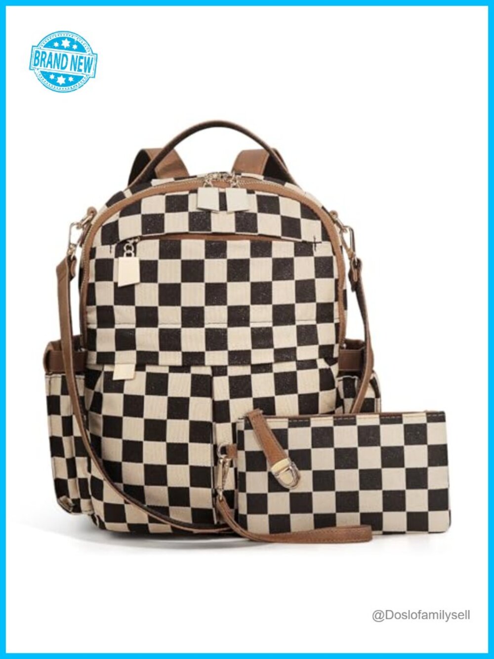 Checkered 2-Piece Backpack Set with Detachable Wallet Canvas Polyester